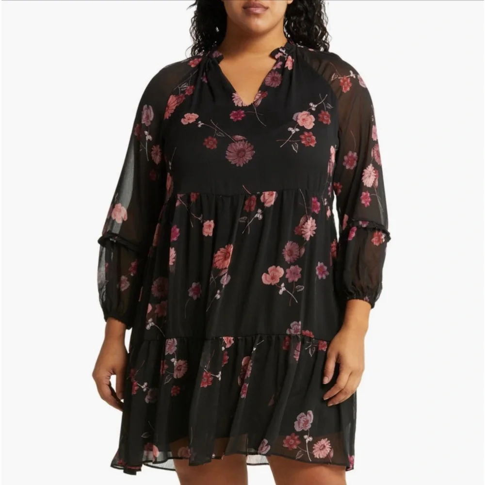 Floral Tiered Black Dress with Pink Blooms - Picture 1 of 2